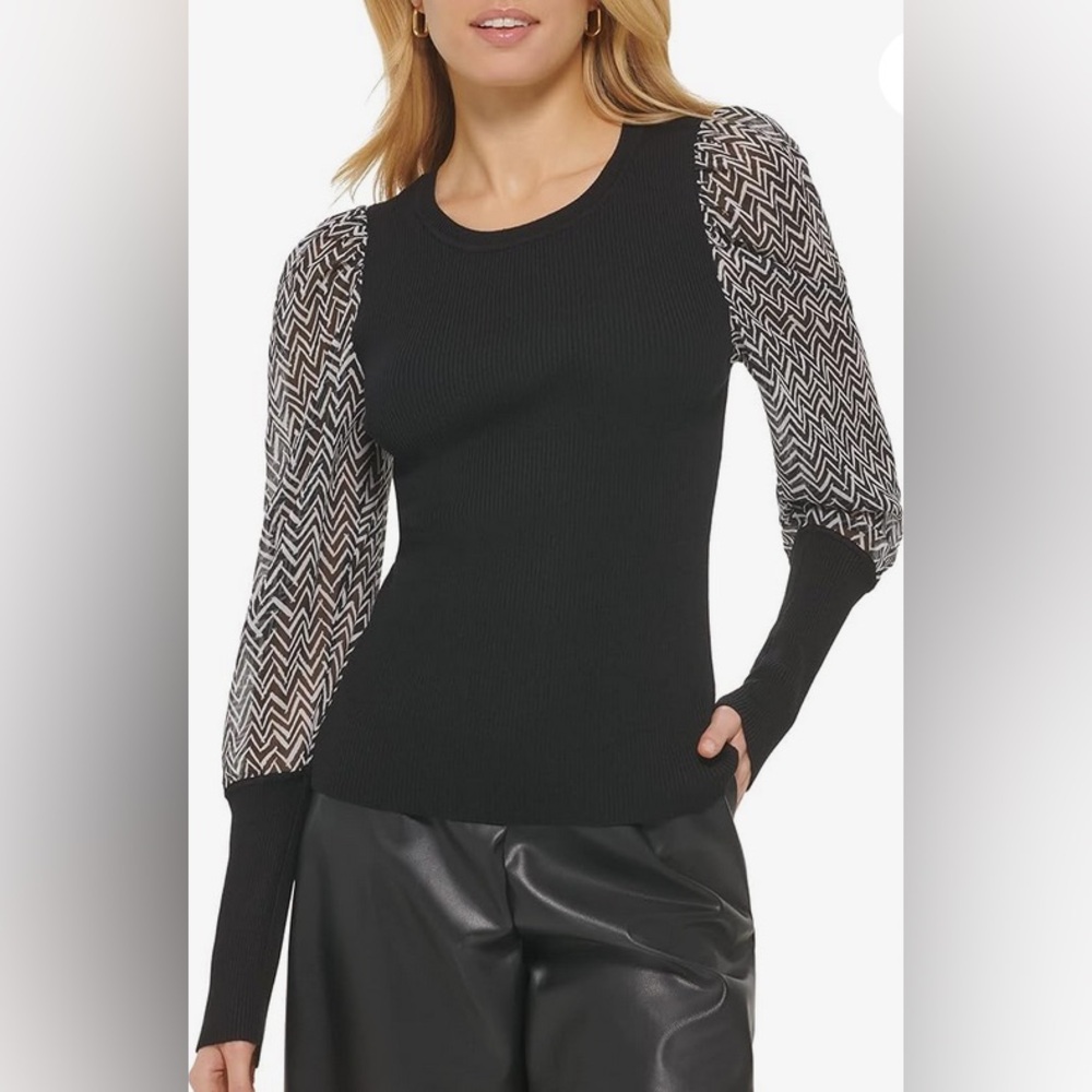 DKNY Women's Black Crewneck Printed Mixed-Media Ribbed Knit Sweater XL NWT